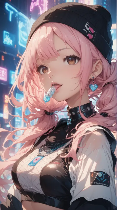 mouth close, mid body shots, A cheerful anime girl with long, pastel pink hair styled in twin tails, 
accessorized with a small black beanie and delicate cross earrings. 
add light on face to highlight. 
She’s wearing a cropped black sweater with metallic ...