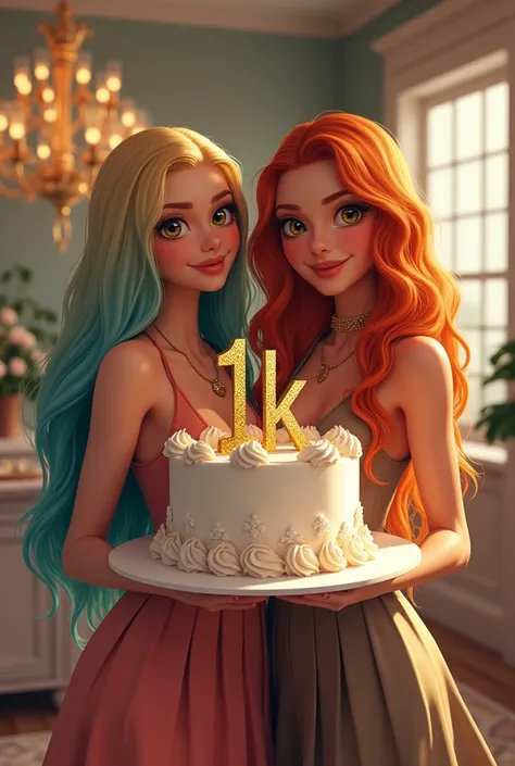 Two gorgeous girls holding a huge cake that says 1k on it. First girl has long wavy blonde and aqua blue ombre in her hair and second has a ginger red auburn hair they are having a joing party for reaching 1k in their huge soroity house! 