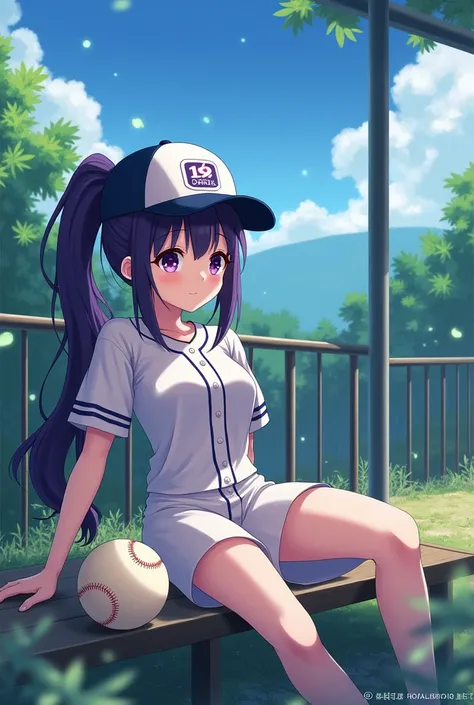 Japanese animation style、High school girl、Baseball uniform 、 Baseball Cap 、Rest area、Dark Purple Long Hair、single ponytail、 purple pupils