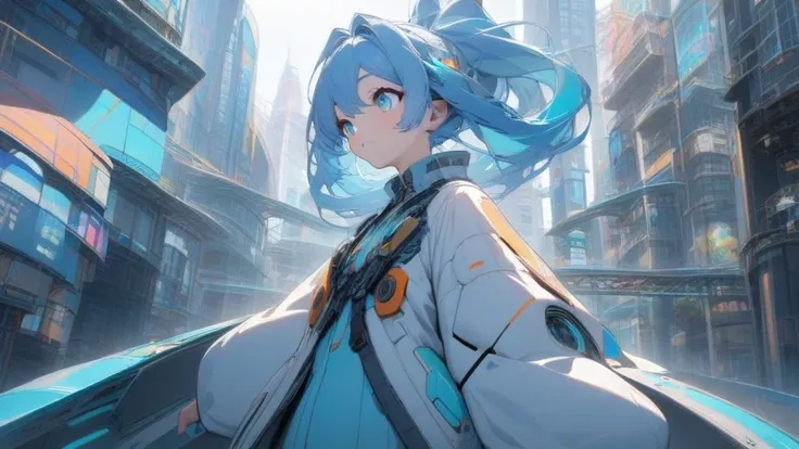 Miku with long straight blue hair,Walking down the street,City of the Future,