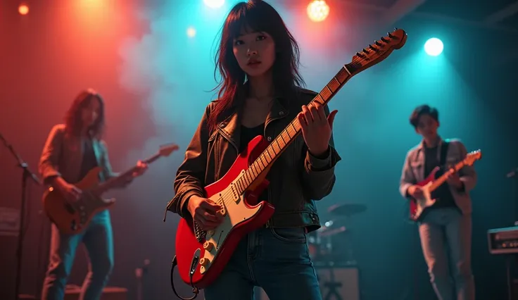 20s Asian woman wearing jeans, a realistic jacket, sneakers, holding an electric guitar, standing against a background of a band.