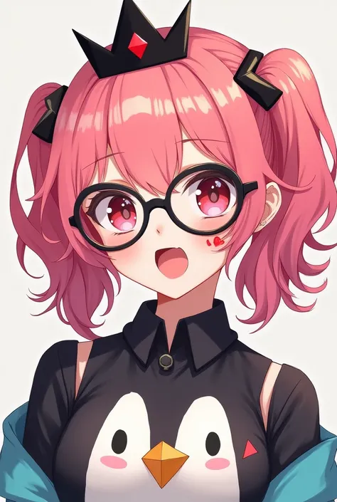 she is a anime girl, she is wearing a black crown and she has red diamond on top her face is big eyes with mouth open she wears black glasses and her hair is pink colour she tied it like pigtails but loose and she is wearing a penguin outfit and she has a ...