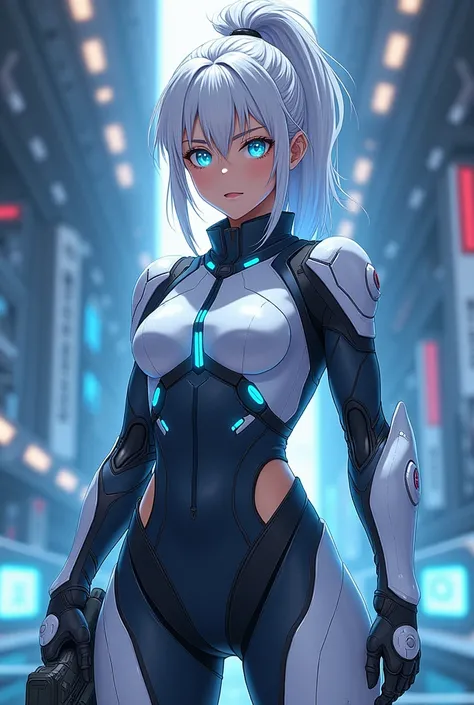 "An anime-style shounen depiction of a 16-year-old girl with snow-white hair tied in a high ponytail, with soft strands framing her face. Her large, sapphire-blue eyes are intense and luminous, radiating confidence and determination. She wears a futuristic...