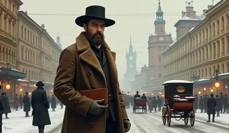 {
  "prompt": "Fyodor Dostoyevsky standing on a snowy street in 19th-century St. Petersburg, wearing a long brown overcoat and a fur-lined hat. His thin frame and hollow cheeks emphasize the struggles he endured, while his deep-set eyes, full of intellect ...