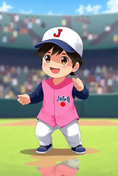 Create a high-quality image of a cute Japanese baby on a baseball field. The baby is wearing a pink baseball jersey with navy blue sleeves, the jersey has the word “Japan” n white color and navy on the chest, the baby is wearing a plain WHITE baseball cap ...