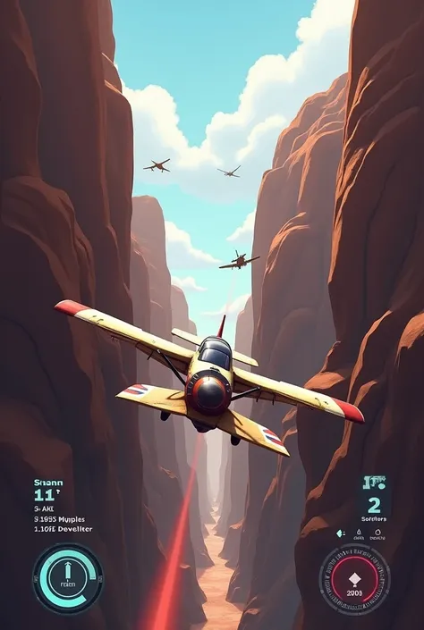 mobile game called Aeroplane Game: City Pilot 3D. It is a 3D flight simulator game where players can fly various airplanes through different environments. The image shows a player flying a small plane through a canyon, with the games HUD visible in the bot...