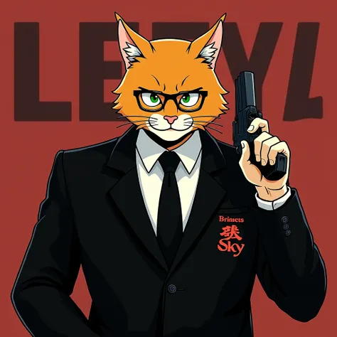  Take only the outline of the face , Put on the ears of a male orange cat , put on glasses, see the eyes , Figure 3 parts , , expression on one hand clutching his pocket, the other into the gunmans shirt.,  wearing a black Mafia suit ,  The picture is in J...