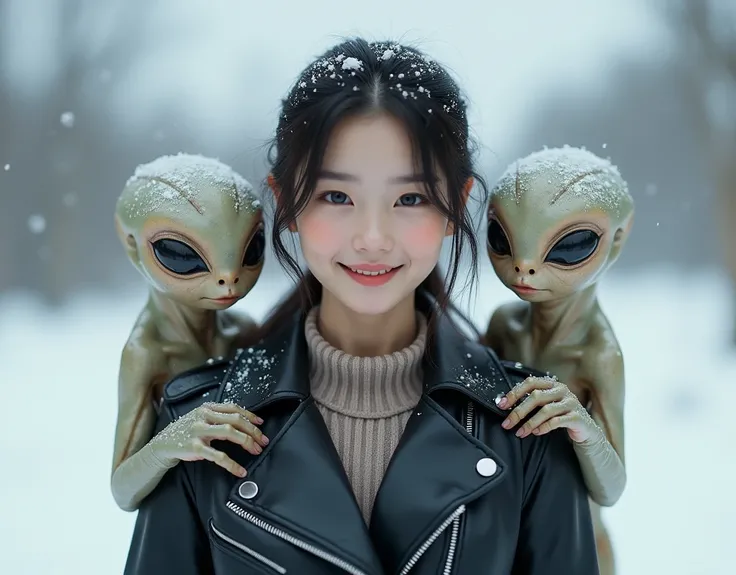  A beautiful Japanese woman in her 20s wearing a riders jacket in the middle。smile、winter。Aliens crossing shoulders in a friendly manner on both sides (((Sexy Breasts、Under the arms)))3 people