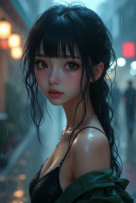 cute anime girl, standing in a real street with heavy rain, wet clothes, extremely detailed facial features, beautiful detailed eyes, beautiful detailed lips, long eyelashes, hyper realistic, cinematic lighting, dramatic rain effects, dynamic pose, wet shi...