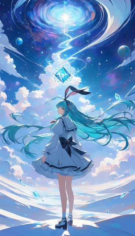 「 girlとRabbit」One person and one animal ， girl: ((Alice in cyber))Blue and white dress，Blue headband in the hair ， anime girl ,  (( Dynamicアングル)) very beautiful,   Ideal Anatomy  ,  Starry sky with zodiacal constellations, Like a nebula ,   Rabbit:ホログラムRab...