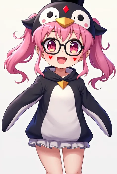 she is a anime girl, she is wearing a black crown and she has red diamond on top her face is big eyes with mouth open she wears black glasses and her hair is pink colour she tied it like pigtails but loose and she is wearing a penguin outfit and she has a ...