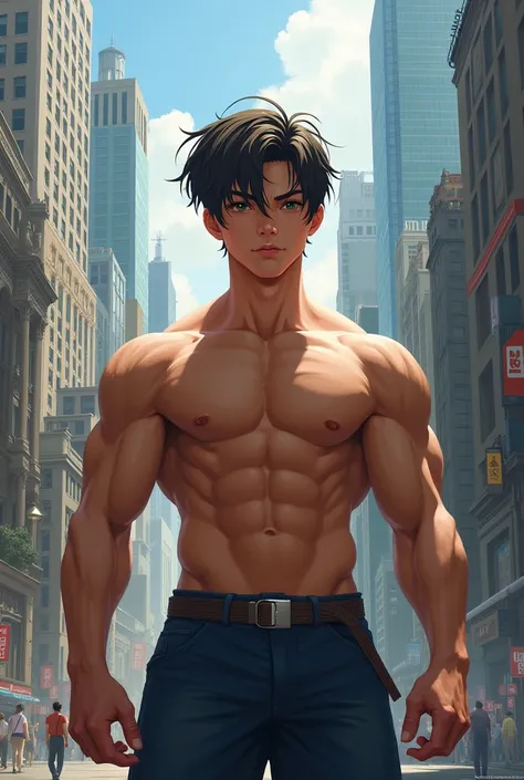 Muscular Shirtless boy with building everywhere