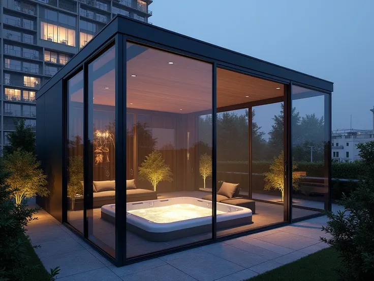 A medium sized rooftop garden with a double-height ceiling glass enclosure with a large, floor-to-ceiling window on one unobstructed sideglass, clearly visible sidelgass. Filled with ambient mist. In the center of the enclosure a small jacuuzi shimmering i...