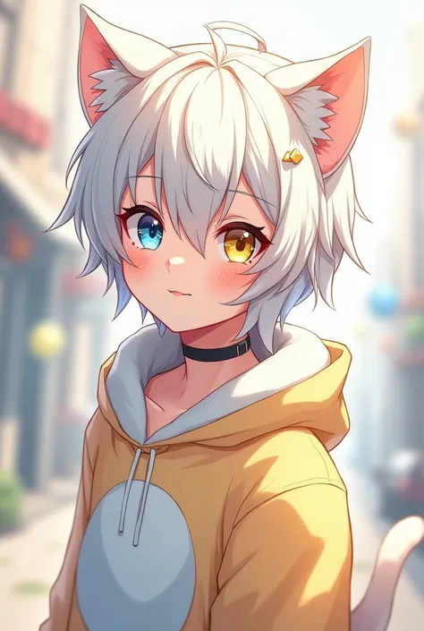 masterpiece, best quality, sketch, 1boy, solo, male cute, looking at viewer, upper body, Animal ears , cat ears , cat tail , depth of field, , , soushi_miketsukami, white hair, yellow eyes, heterochromia, blue eyes, , Egg costume, atompunk,