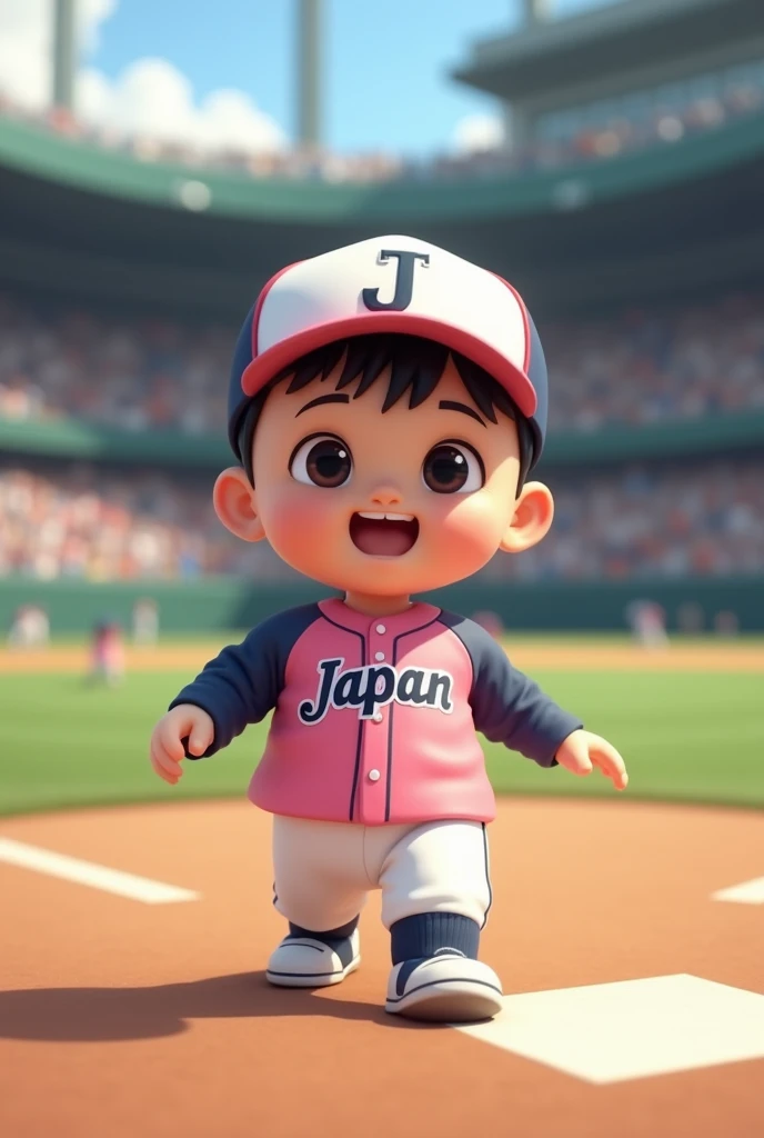 Create a high-quality realistic image of a cute Japanese baby on a baseball field. The baby is wearing a pink baseball jersey with navy blue sleeves, the jersey has the word “Japan” n white color and navy on the chest, the baby is wearing a plain WHITE bas...