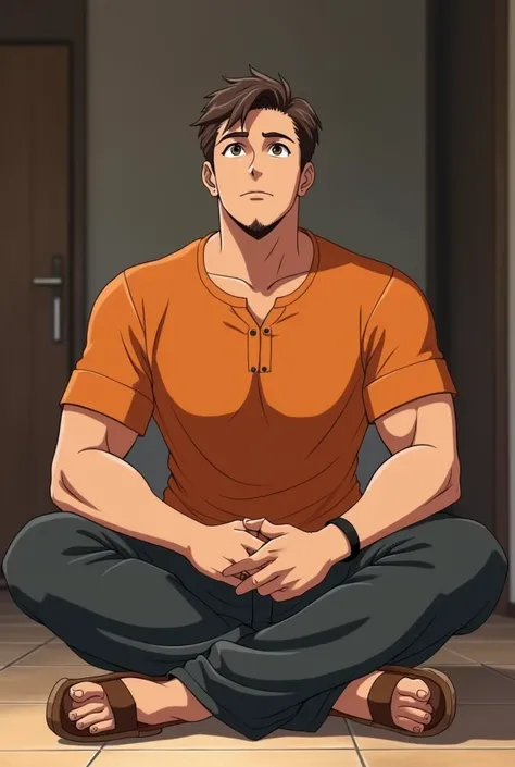 Tall Man, with round face, with short thin brown haircut, less chubby, muscular, in Anime, wearing his orange short kurta, long dark gray pants, brown sandals, sitting in the private room