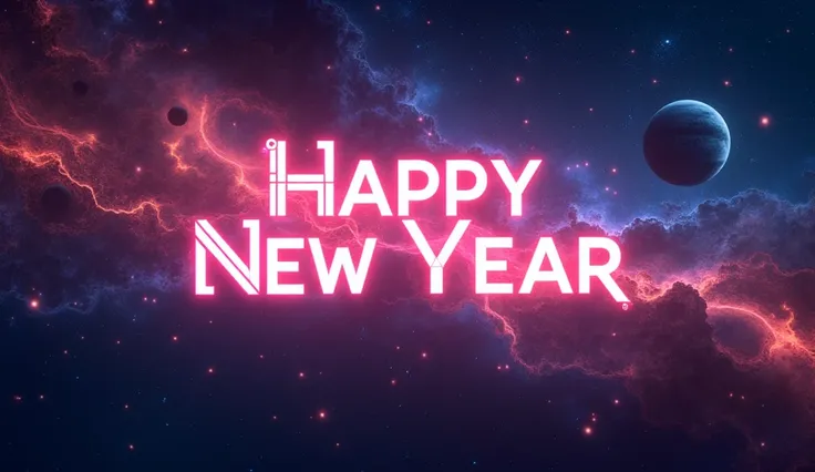 "Happy New Year" in a glowing futuristic sci-fi font with a space-themed background.
