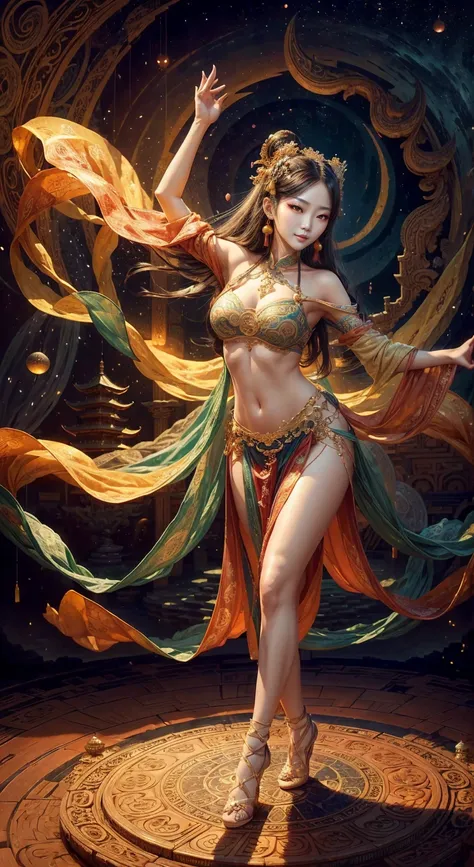 high-level image quality、ighly detailed、in 8K、Loulan beauty、Heavenly daughter、belly dancer、Fator、hisui、Baoyu、Mystical、Fantastical、Loulan、high towers、The Lost City、Ancient China、mirage、dunhuang、celestial realm、palatial palace、Dancing in the palace against t...