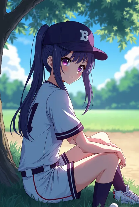 Japanese animation style、High school girl、Baseball uniform 、 Baseball Cap 、Rest area、Dark Purple Long Hair、single ponytail、 purple pupils