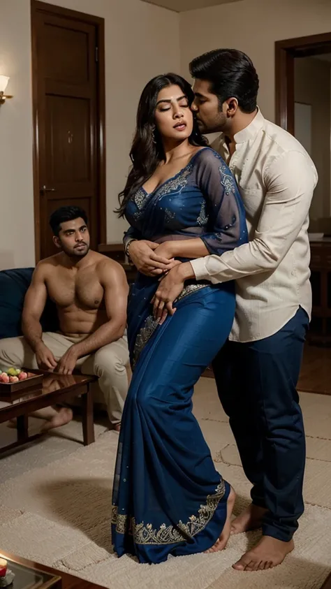 Full body image, side view Full body image, indian hourglass body, Indian plus sized 29 year old Telugu bride manjusha , lovely face, mouth slightly open, half closed eyes wearing highly embroideried meroon colour chiffon blouse and navy blue colour chiffo...