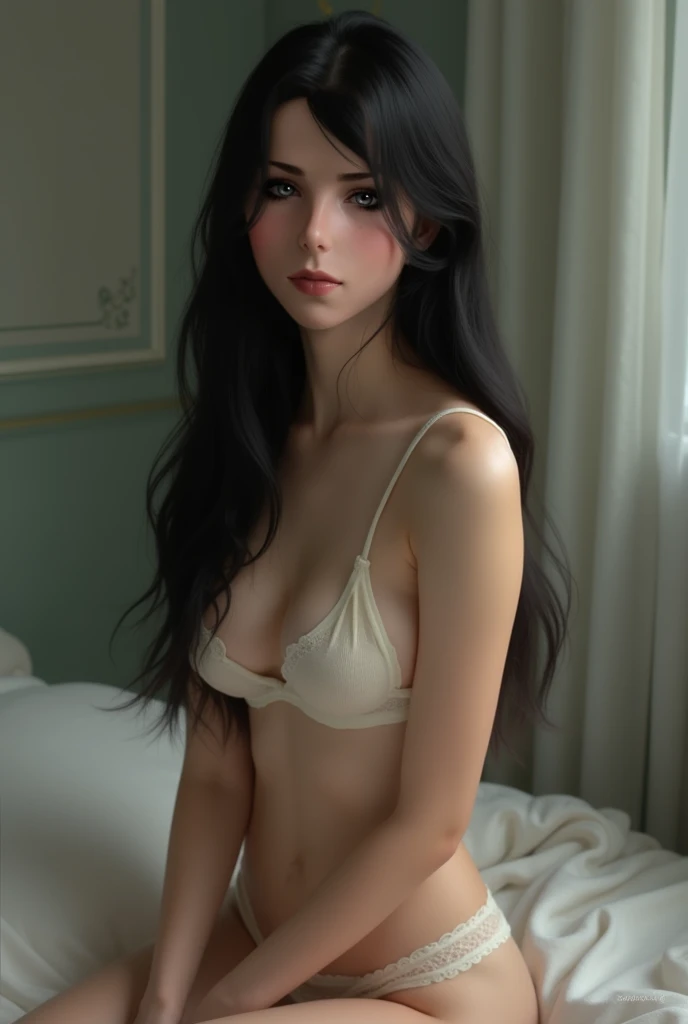 Straight black haired girl in underwear 