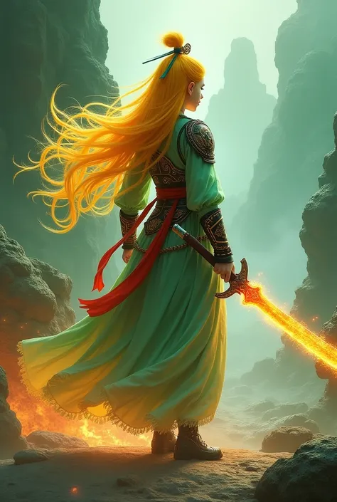  Girl seen from behind wearing Chinese warrior clothing and armor ,  bright yellow long hair ,  a giant sword wavy in the shape of a fire a fanciful background of ancient Chinese rocks and mountains, with a green background Jade .