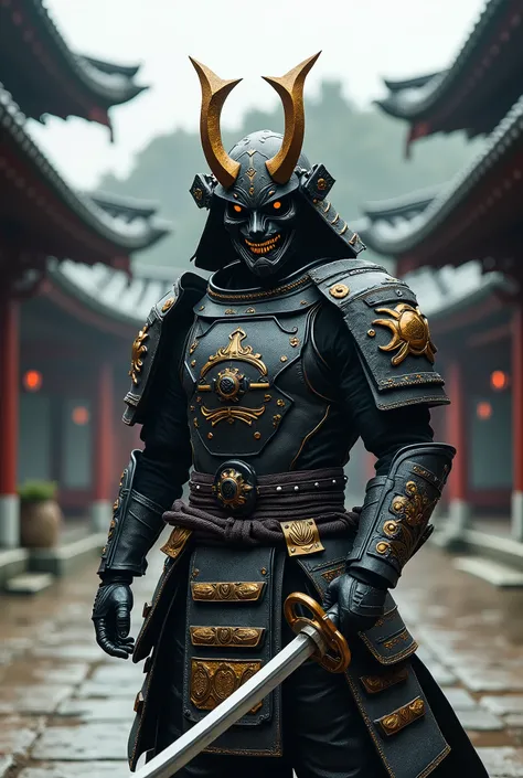 Samurai standing in a courtyard with a sword in his hand, Samurai Warrior, Epic Samurai Warrior, Wearing samurai armor, Demon Samurai warrior, Cyborg Samurai, Demon Samurai, Samurai Style, Black Cow Samurai, Samurai Portrait photo,  a samurai wearing a dem...