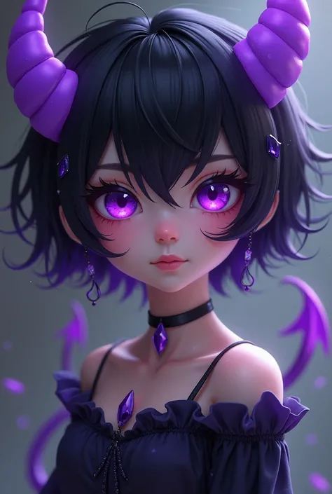 young,  short black and purple bi hair, deep violet eyes,  blushed face, Horns of Demon Violet ,  demon tail , sympathy,