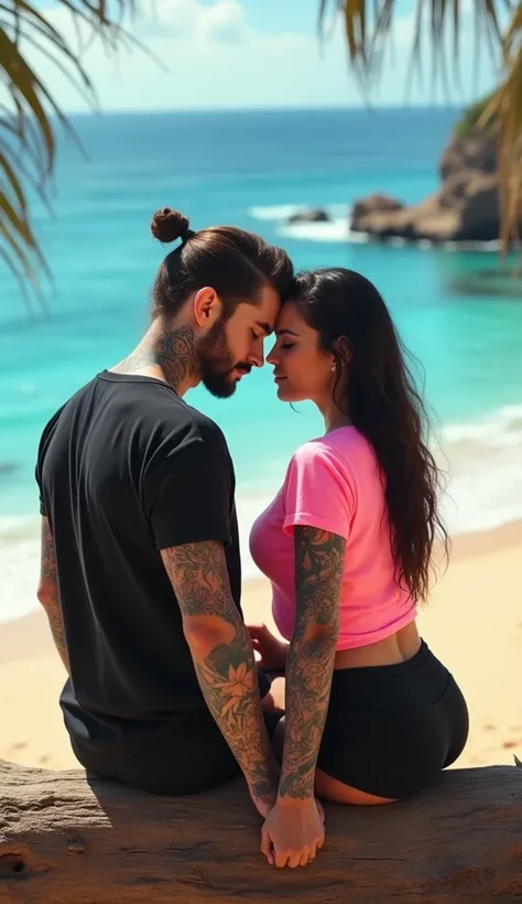 for a handsome, skinny young man with mullet hair, a body full of tattoos wearing a black t-shirt and there is a beautiful young woman with super big breasts facing the camera sitting next to him wearing a pink t-shirt and black shorts sitting on a log wit...