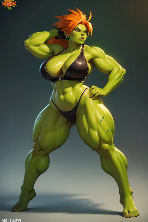 A character that is a curvy female Blanka from Capcom, green skin and orange haired variant, digital painting, trending on ArtStation, extremely detailed, ultra high resolution, 8k