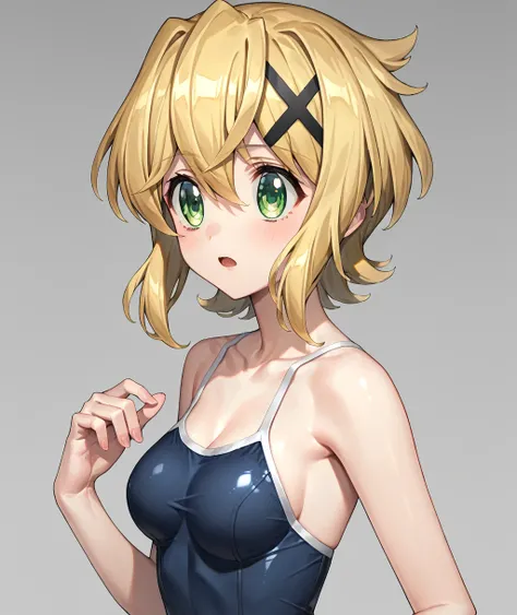 akatsuki_Fever_senkizesshousymphogear，Blonde_hair, short_hair, green_eyes, shiny_hair, hair_ornament, shiny, x_hair_ornament, breasts, medium_breasts, hair_between_eyes, SCHOOL SWIMSUIT 