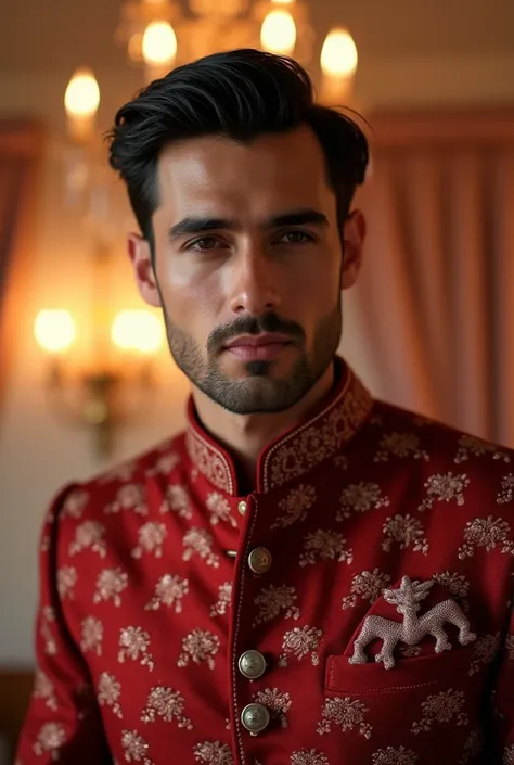 For the first image: "A close-up of a thoughtful man with neatly styled dark hair, sitting in an elegant wedding hall. He is wearing a luxurious red embroidered sherwani adorned with intricate silver patterns. The background has warm lighting with chandeli...