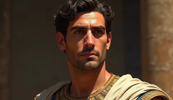 Create a mid-shot portrait of Ptolemy XII Auletes, the ruler of Egypt, with a regal appearance. He has short, dark hair and a strong, defined facial structure, including a prominent nose and chin. His skin is of a Mediterranean tone, reflecting his Greek-E...