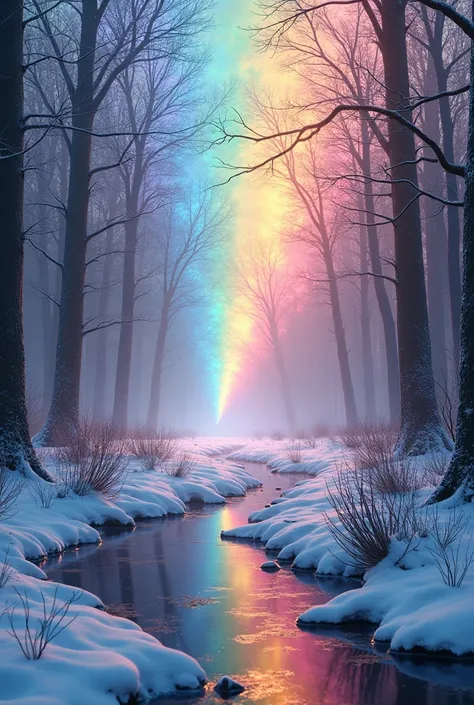 Forest in winter and beautifully. Rainbow colors.