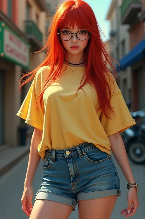 Women wearing round glasses straight red hair .  Short leg shorts and large breasted large t-shirt 