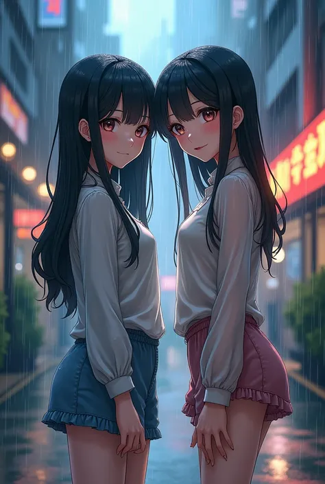 cute anime girls, 2, standing in a real street with heavy rain, wet clothes, extremely detailed facial features, beautiful detailed eyes, beautiful detailed lips, long eyelashes, hyper realistic, cinematic lighting, dramatic rain effects, dynamic pose, wet...