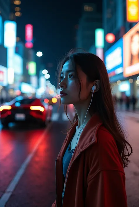 Masterpiece, realistic photo, background, thumbnail, background photo, landscape (9:16), girl in the center listening to music, earphones, high speed at night, crossing of lights, supercar, city, neon, intersection, many cars.