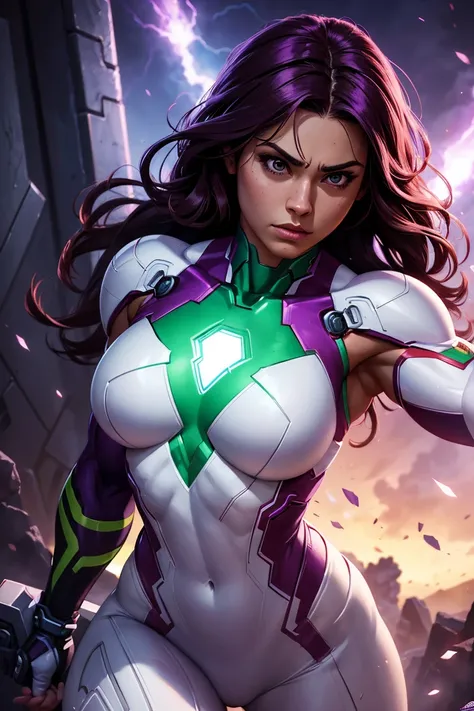 A character that is an athletic and muscular female combination of Ironman She-Hulk, violet and white armor, digital painting, trending on ArtStation, extremely detailed, ultra high resolution, 8k