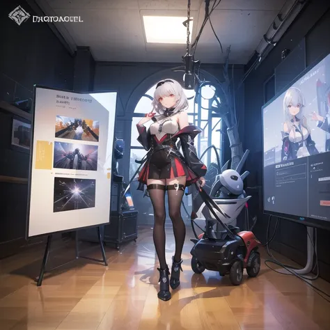 Close-up of a young girl in a room looking at a mechanical AI, 
there is a woman（AI）Holographic display box with light ,  Holographic Rotating Around Her ,   Cyberpunk Statue  ,  Enterprise Holographic ,  Holographic Projection ,  Huge Holographic Image , ...