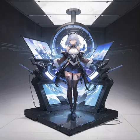 Close-up of a young girl in a room looking at a mechanical AI, 
there is a woman（AI）Holographic display box with light ,  Holographic Rotating Around Her ,   Cyberpunk Statue  ,  Enterprise Holographic ,  Holographic Projection ,  Huge Holographic Image , ...