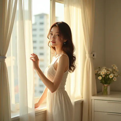 A high-fashion editorial featuring a 20-year-old Asian woman with light brown wavy hair, porcelain-white skin, and a dreamy smile, gazing out the window of her bright Tokyo bedroom. She stands by the window, dressed in a flowing white sundress with delicat...