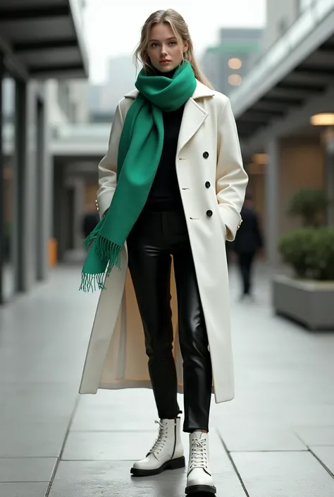 I have white coat, black sweater black pants and white boots, emerald green scarf with weared version 
