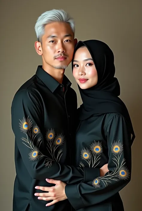 A handsome 27 year old Asian man, short and neat white hair, and a beautiful 27 year old Asian woman wearing a black hijab, they are wearing a pair of black shirts with peacock feather motifs, hugging each other romantically facing the camera. real.