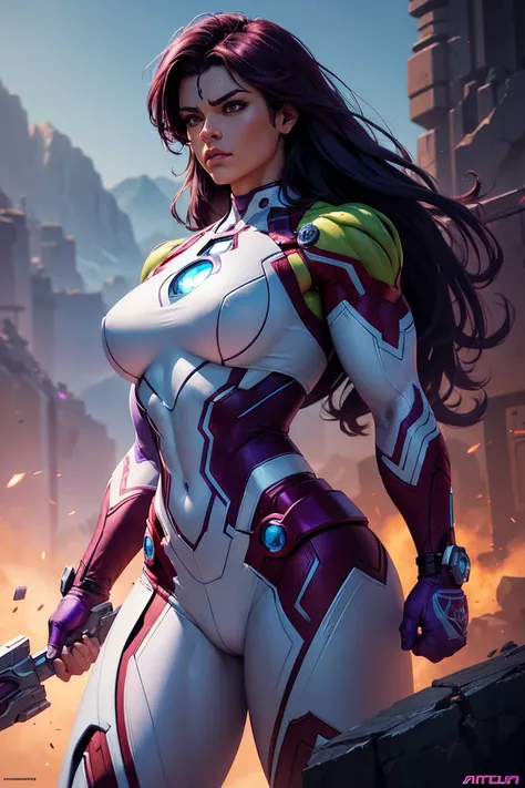 A character that is an athletic and muscular female combination of Ironman She-Hulk, violet and white armor, digital painting, trending on ArtStation, extremely detailed, ultra high resolution, 8k