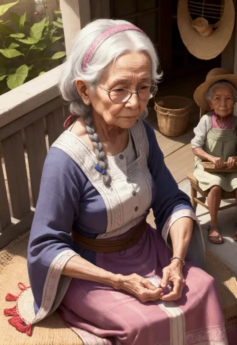 a grandmother who is weaving a mat on the terrace of the house. and a  girl who is watching her grandmother while playing with her cellphone.