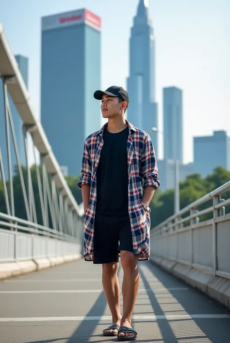 Indonesian man, 20 years . wearing a Black T-shirt, long plaid shirt, shorts. Sandals. Wearing a black baseball cap. Standing and leaning on a bridge, with a tall mall building and several other tall buildings in the background. The photo is clear and brig...