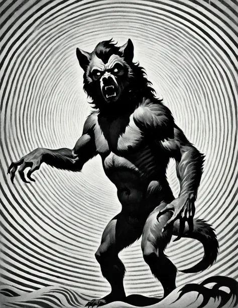 The whole body of a threatening werewolf. Monochrome, "The Twilight Zone", vintage hypnotic spiral wave, trippy footage, optical art, LSD wave, queerish, peculiar, strange. Groovy retro vibes, analog film texture, Vintage Processing, Faded finish, Scan Lin...