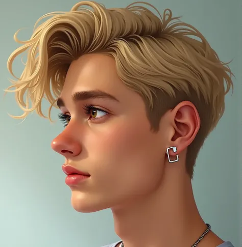 Cute hot sexy light tan skin guy 17 with bleach golden blonde wavy thick mid-length hair, his hairstyle is soft curtains and his sides are faded he has an undercut  and His big brown almond shaped big eyes. I want his side profile that show off his cute no...