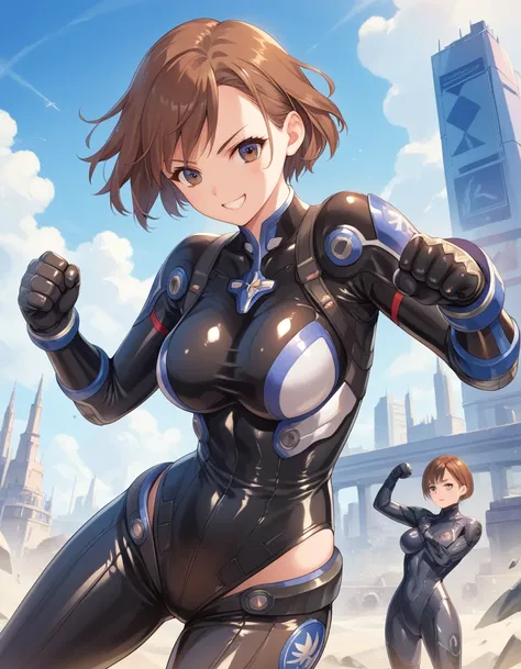 (( top quality)), ((masterpiece)), ( Details),anime, girl, sexy,エロチック,smile, Shiny Latex Suit,Futuristic Suit,Armor, Gauntlet ,All-black costume,Brown Hair, short hair,Clothing, fist pose , battle pose,