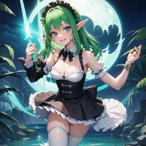 Elf（ maid outfit ）（bar（tropical　 night pool　 Magic Rim（Green light）　tourist spot）　I have a glowing demon sword　smile）multiple monitors in the background（hologram　anime）
